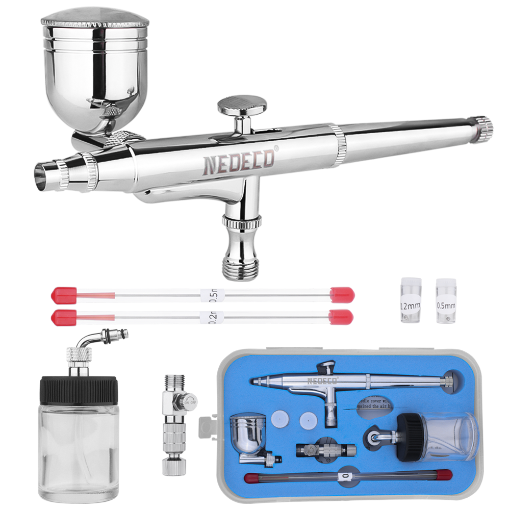 Dual-Action Side Feed Airbrush Set Kit, 0.2mm Fluid Tip, Gravity