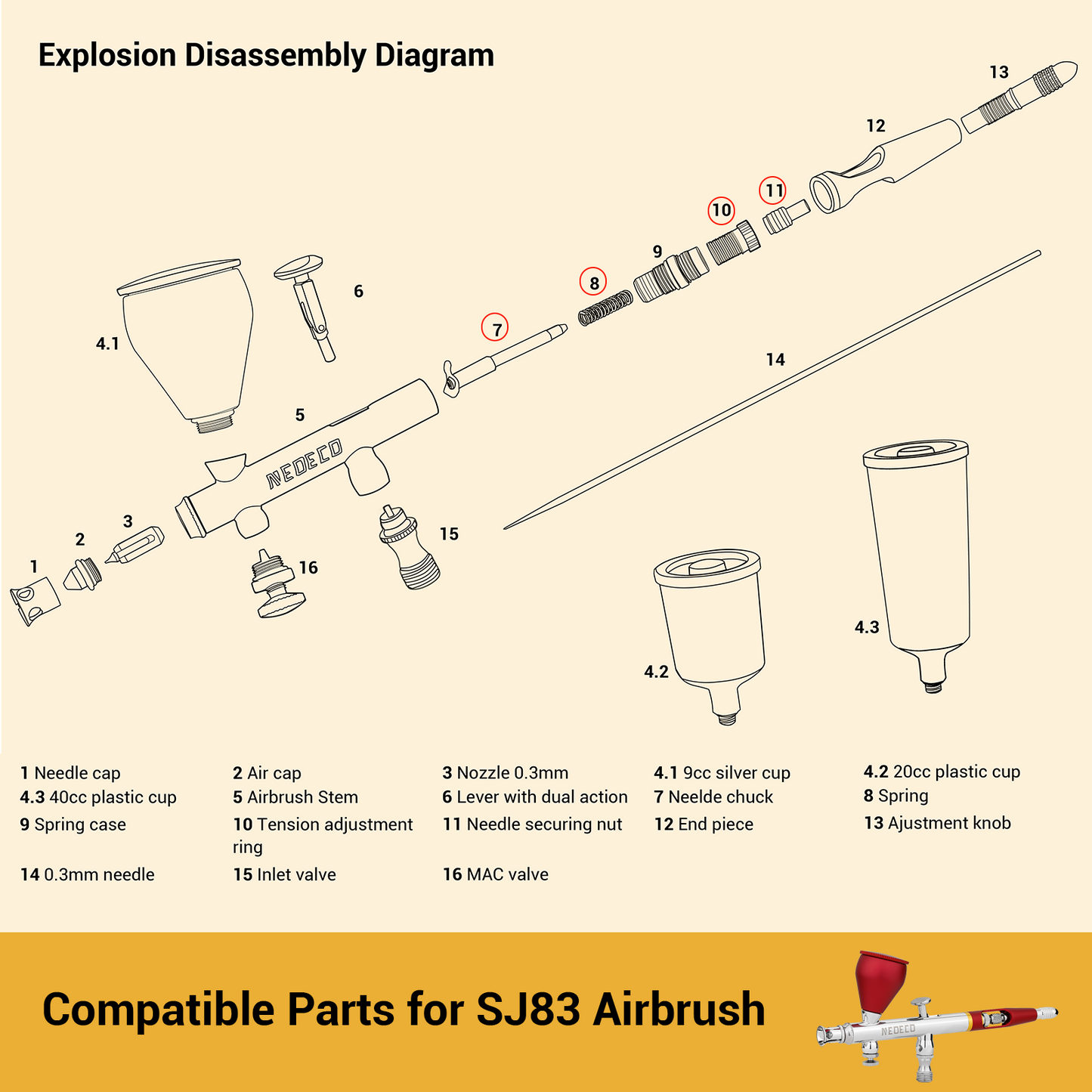 SJ83 Airbrush Replacement Set: Spring, Needle Chucking Guide, Needle Lock Nut, Tension Adjustment Ring